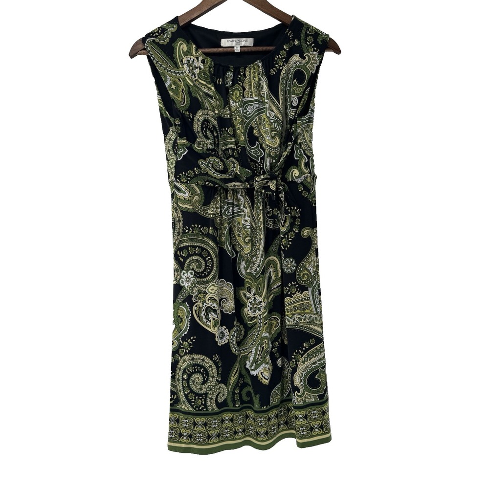 Evan Picone Paisley Print Dress V Neck Black Green Forest Fairy stretch Y2K tie